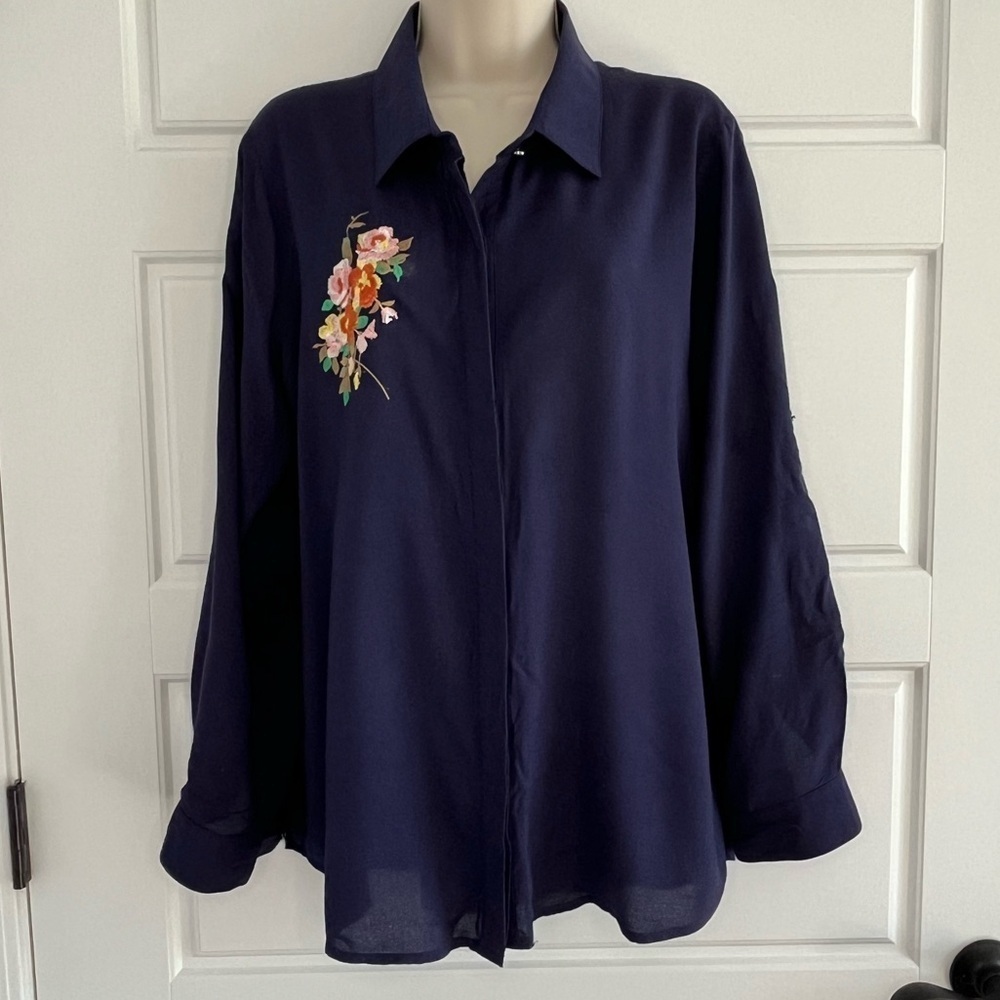Umgee Navy Blue Long Sleeve Button Up Blouse Floral Embroidery Boho S Festival